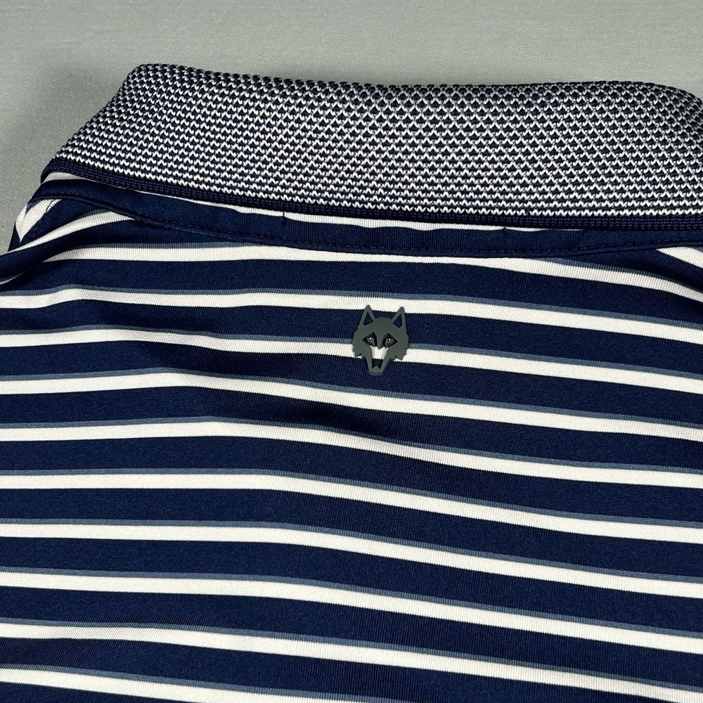 Greyson Polo Shirt Mens Large Navy White Striped Golf Knit Collar Stretch Wolf - Picture 5 of 6